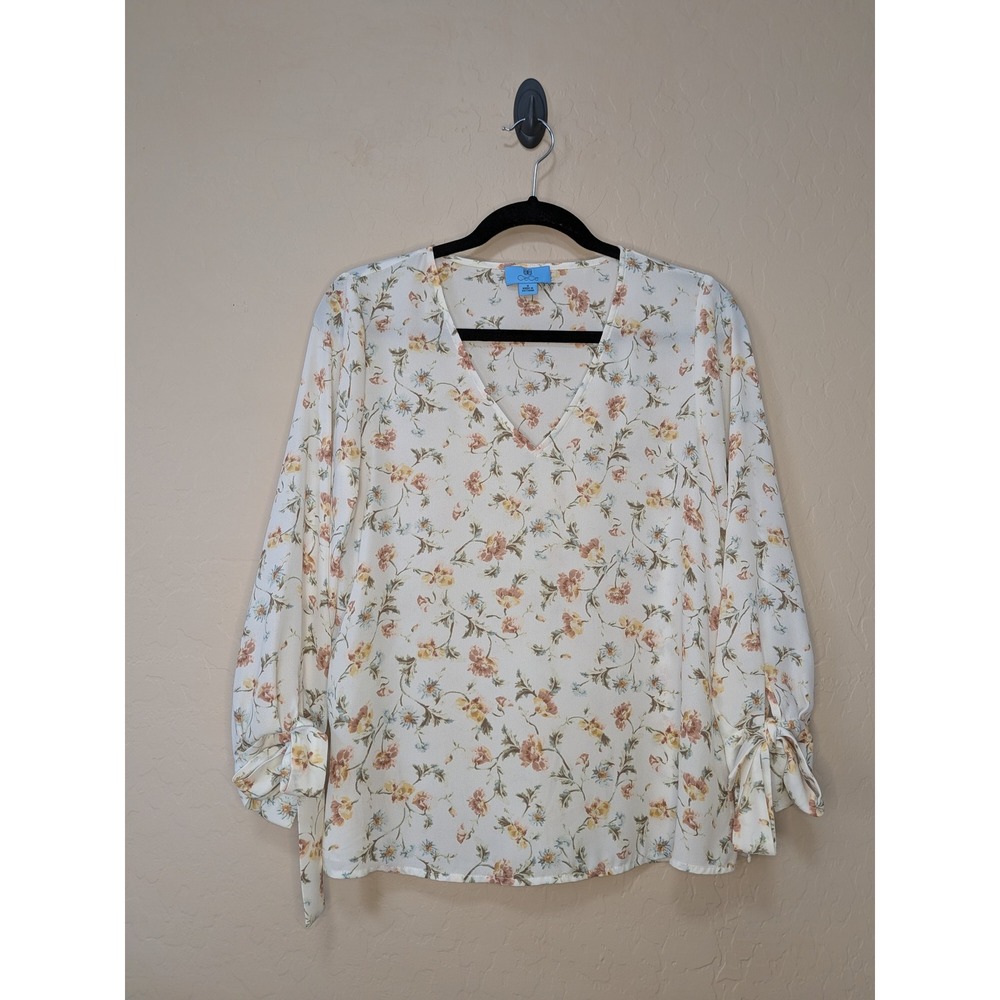 CeCe Cream Floral V-Neck Blouse